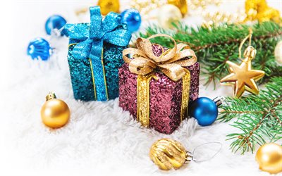 4k, Christmas gifts, blue glitter bow, gift boxes, gold glitter bow, Happy New Year, Merry Christmas, snow, Christmas