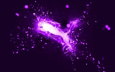 puma-violettes logo, 4k, violette neonlichter, kreativer, violetter abstrakter hintergrund, puma-logo, marken, puma
