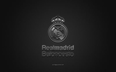 Real Madrid Baloncesto, clube espanhol de basquete, logotipo prateado, fundo cinza de fibra de carbono, Liga ACB, basquete, Madrid, Espanha, logotipo do Real Madrid Baloncesto