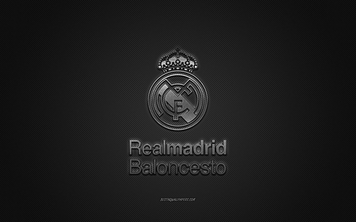 Real Madrid Baloncesto, spansk basketklubb, silverlogotyp, gr&#229; kolfiberbakgrund, Liga ACB, basket, Madrid, Spanien, Real Madrid Baloncestos logotyp