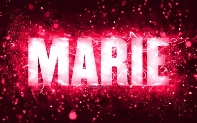 Feliz anivers&#225;rio, Marie, 4k, luzes de n&#233;on rosa, nome de Marie, criativa, feliz anivers&#225;rio de Marie, anivers&#225;rio de Marie, nomes femininos americanos populares, foto com o nome de Marie