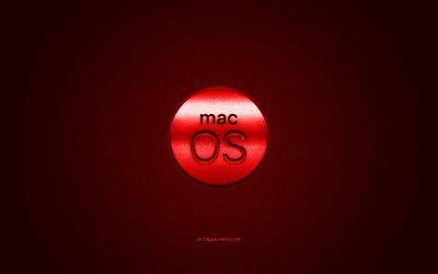 MacOS logosu, kırmızı parlak logo, MacOS metal amblemi, kırmızı karbon fiber doku, MacOS, markalar, yaratıcı sanat