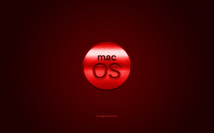 MacOS-logo, punainen kiilt&#228;v&#228; logo, MacOS-metallitunnus, punainen hiilikuiturakenne, MacOS, tuotemerkit, luova taide