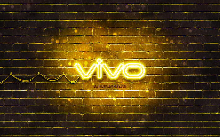 Vivo keltainen logo, 4k, keltainen tiilisein&#228;, Vivo-logo, tuotemerkit, Vivo neonlogo, Vivo