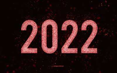 Happy New Year 2022, red glitter art, 2022 New Year, 2022 red glitter background, 2022 concepts, black background, 2022 greeting card