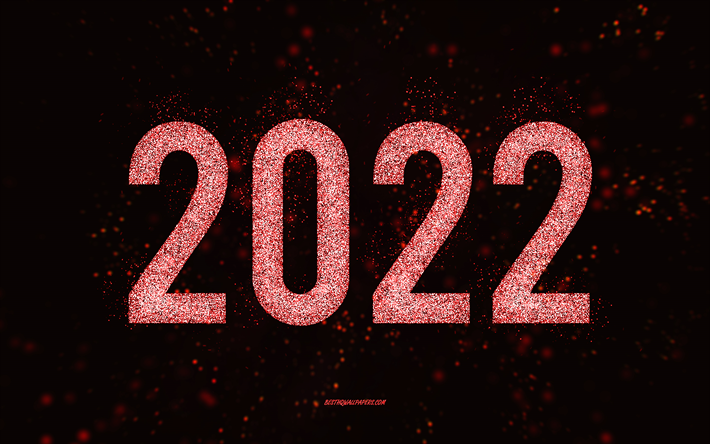 Felice anno nuovo 2022, arte glitterata rossa, Capodanno 2022, sfondo glitter rosso 2022, concetti 2022, sfondo nero, biglietto di auguri 2022