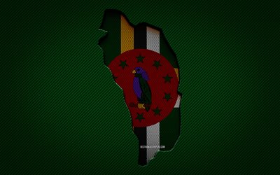 Dominica karta, 4k, Nordamerikanska l&#228;nder, Dominikanska flaggan, gr&#246;nt kol bakgrund, Dominica kartsiluett, Dominica flagga, Nordamerika, Dominikanska karta, Dominica, Dominicas flagga