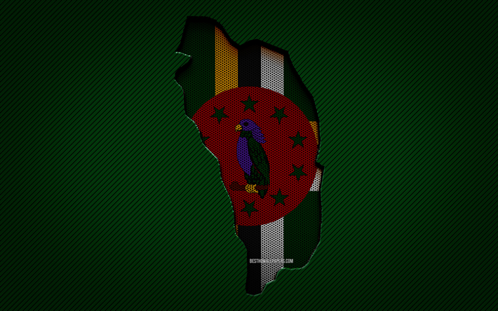 Carte de la Dominique, 4k, pays d&#39;Am&#233;rique du Nord, drapeau dominicain, fond de carbone vert, silhouette de la carte de la Dominique, drapeau de la Dominique, Am&#233;rique du Nord, carte de la R&#233;publique dominicaine, Dominique