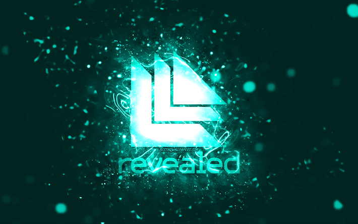 Revealed Recordings turquoise logo, 4k, turquoise neon lights, creative, turquoise abstract background, Revealed Recordings logo, music labels, Revealed Recordings