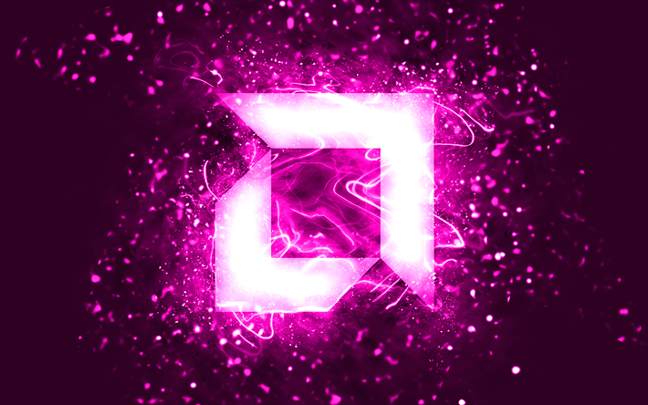 AMD purple logo, 4k, purple neon lights, creative, purple abstract background, AMD logo, brands, AMD