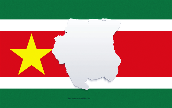 Silhouette de carte du Suriname, drapeau du Suriname, silhouette sur le drapeau, Suriname, silhouette de carte du Suriname 3d, carte du Suriname 3d
