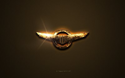 Rezvani golden logo, artwork, brown metal background, Rezvani emblem, Rezvani logo, brands, Rezvani
