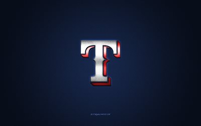 Texas Rangers emblem, American baseball club, red logo, blue carbon fiber background, MLB, Texas Rangers Insignia, baseball, Texas, USA, Texas Rangers