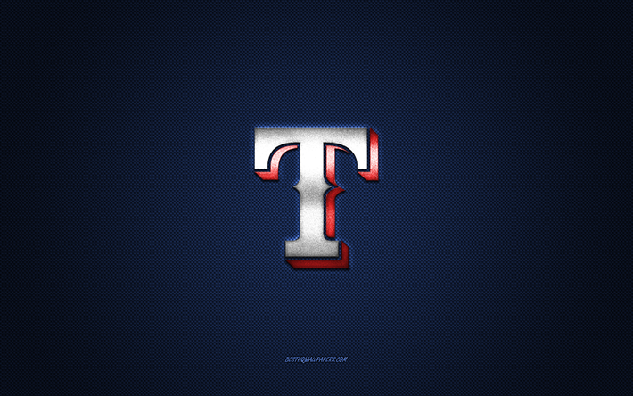 Emblema dos Rangers do Texas, American baseball club, log&#243;tipo vermelho, fundo de fibra de carbono azul, MLB, Ins&#237;gnia Dos Rangers Do Texas, beisebol, Texano, AMERICA, Texas Rangers