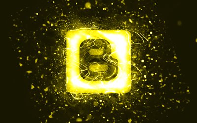 Bloggerin keltainen logo, 4k, keltaiset neonvalot, luova, keltainen abstrakti tausta, Blogger-logo, sosiaalinen verkosto, Blogger