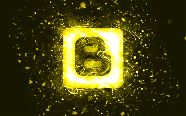 Logo jaune Blogger, 4k, n&#233;ons jaunes, cr&#233;atif, fond abstrait jaune, logo Blogger, r&#233;seau social, Blogger