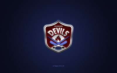Nijmegen Devils, Dutch hockey club, red logo, blue carbon fiber background, BeNe League, hockey, Nijmegen, Netherlands, Nijmegen Devils logo