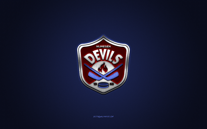Nijmegen Devils, Dutch hockey club, red logo, blue carbon fiber background, BeNe League, hockey, Nijmegen, Netherlands, Nijmegen Devils logo