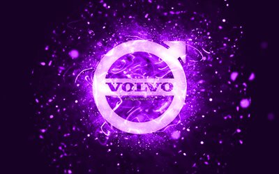 Volvo viola logo, 4k, neon viola, creativo, viola sfondo astratto, logo Volvo, marche di automobili, Volvo