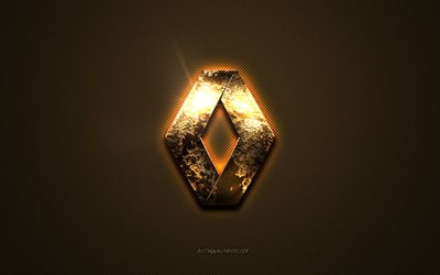 Renault gyllene logotyp, konstverk, brun metallbakgrund, Renault emblem, Renault logotyp, varum&#228;rken, Renault
