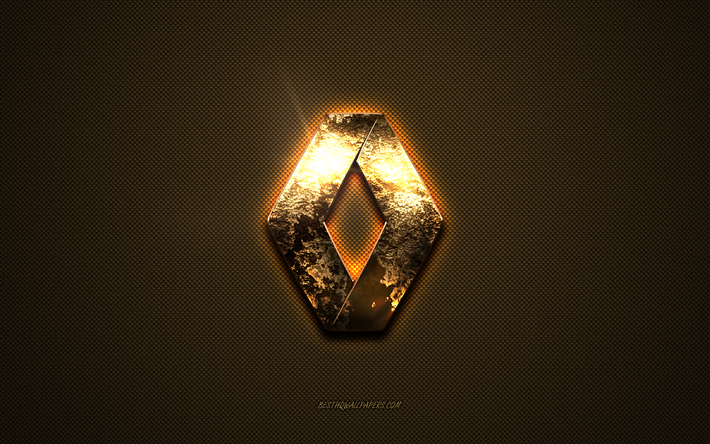 Logo Renault dorato, grafica, sfondo marrone in metallo, emblema Renault, logo Renault, marchi, Renault