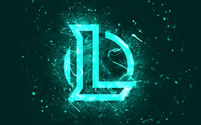 League of Legends turkuaz logosu, 4k, LoL, turkuaz neon ışıkları, yaratıcı, turkuaz soyut arka plan, League of Legends logosu, LoL logosu, online oyunlar, League of Legends