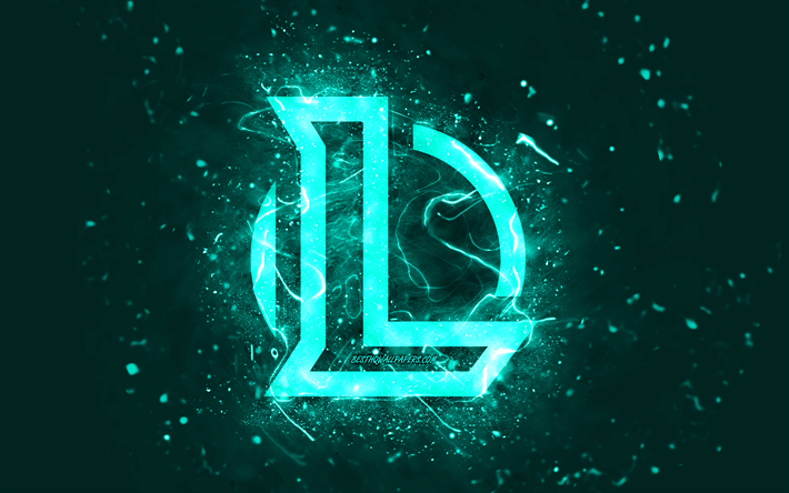 League of Legends turquoise logo, 4k, LoL, turquoise neon lights, creative, turquoise abstract background, League of Legends logo, LoL logo, online games, League of Legends