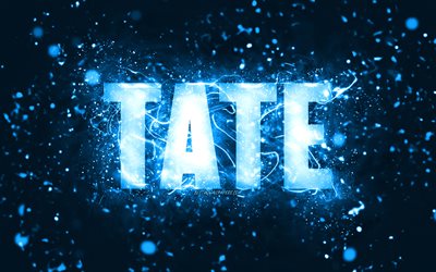 Feliz anivers&#225;rio, Tate, 4k, luzes de n&#233;on azuis, nome Tate, criativo, Tate Feliz Anivers&#225;rio, Tate Birthday, nomes masculinos americanos populares, foto com o nome Tate