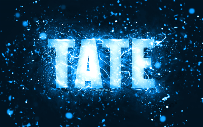 Joyeux anniversaire Tate, 4k, n&#233;ons bleus, nom Tate, cr&#233;atif, joyeux anniversaire Tate, anniversaire Tate, noms masculins am&#233;ricains populaires, photo avec nom Tate, Tate