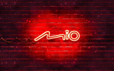 Mio red logo, 4k, red brickwall, Mio logo, brands, Mio neon logo, Mio
