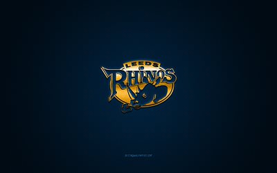 Leeds Rhinos, engelsk rugbyklubb, gul logotyp, bl&#229; kolfiberbakgrund, Super League, rugby, Leeds, England, Leeds Rhinos logotyp