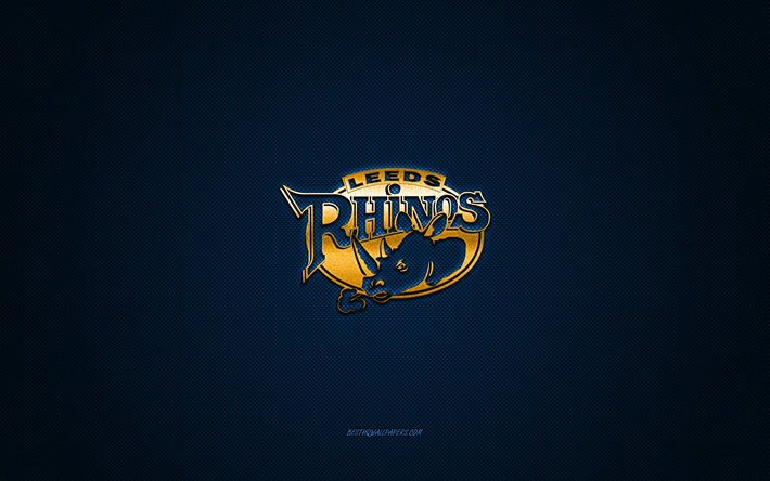 Leeds Rhinos, English rugby club, yellow logo, blue carbon fiber background, Super League, rugby, Leeds, England, Leeds Rhinos logo