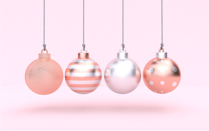 pink xmas balls, 4k, New Year decoration, xmas garter balls, pink xmas decorations, christmas frames, pink backgrounds, christmas decorations, Happy New Year, Merry Christmas, new year concepts, garter balls