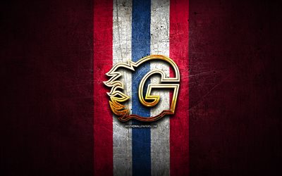 Guildford HC, golden logo, Elite League, purple metal background, english hockey team, Guildford HC logo, hockey
