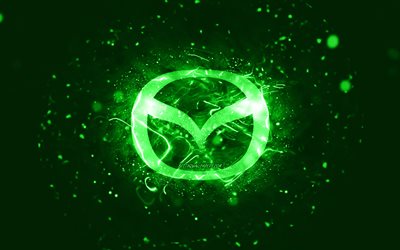 Mazda green logo, 4k, green neon lights, creative, green abstract background, Mazda logo, cars brands, Mazda