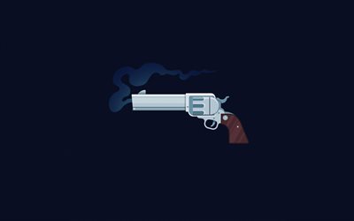revolver con fumo, 4k, minimal, sfondi blu, pistole, revolver minimalismo, creativo