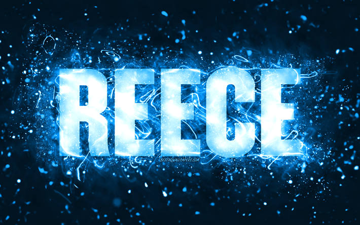 Buon Compleanno Reece, 4k, luci al neon blu, nome Reece, creativo, Reece Buon Compleanno, Compleanno Reece, nomi maschili americani popolari, foto con nome Reece, Reece