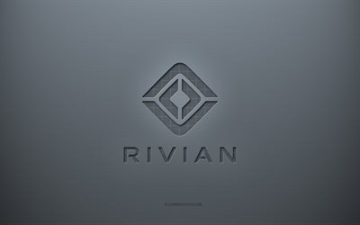 Logotipo Rivian, plano de fundo cinza criativo, emblema Rivian, textura de papel cinza, Rivian, plano de fundo cinza, logotipo Rivian 3d