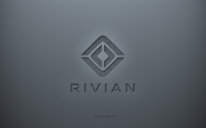 Logo Rivian, sfondo creativo grigio, emblema Rivian, trama di carta grigia, Rivian, sfondo grigio, logo Rivian 3d