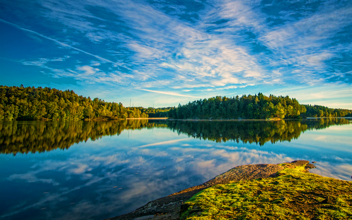 hermosa naturaleza, 4k, HDR, verano, lago, bosque, cielo azul, nubes, reflexi&#243;n