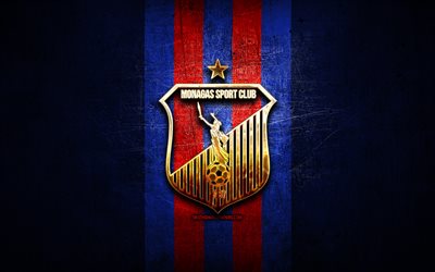 Monagas FC, golden logo, La Liga FutVe, blue metal background, football, Venezuelan football club, Monagas SC logo, soccer, Venezuelan Primera Division, Monagas SC