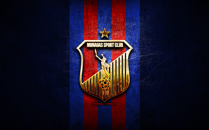 Monagas FC, logo dorato, La Liga FutVe, blu, metallo, sfondo, calcio, squadra di calcio Venezuelana, Monagas SC logo, Primera Division Venezuelana, Monagas SC