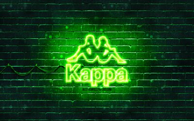 Logo vert Kappa, 4k, mur de briques vertes, logo Kappa, marques, logo n&#233;on Kappa, Kappa