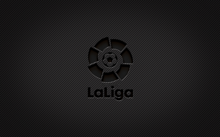LaLiga carbon logotyp, 4k, grunge art, carbon bakgrund, kreativ, LaLiga svart logotyp, La Liga, LaLiga logo, LaLiga