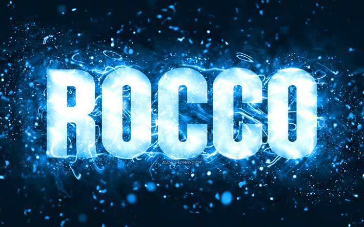 Feliz anivers&#225;rio Rocco, 4k, luzes de n&#233;on azuis, nome Rocco, criativo, Rocco Feliz anivers&#225;rio, Rocco anivers&#225;rio, nomes masculinos americanos populares, foto com nome Rocco, Rocco