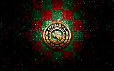 Al Ettifaq FC, glitterlogotyp, Saudi Professional League, gr&#246;n r&#246;d rutig bakgrund, fotboll, saudiska fotbollsklubb, Al Ettifaq logotyp, Al-Ettifaq, mosaikkonst, Al Ettifaq