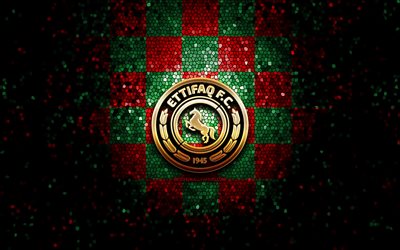 al ettifaq fc, glitzer-logo, saudi professional league, gr&#252;n-rot karierter hintergrund, fu&#223;ball, saudischer fu&#223;ballverein, al ettifaq-logo, al-ettifaq, mosaikkunst, al ettifaq