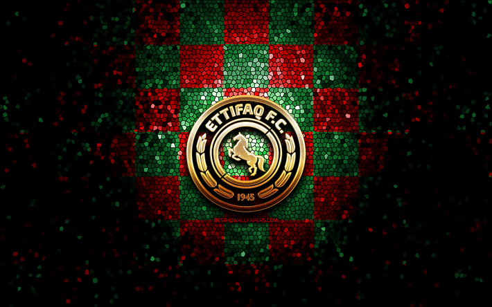 Al Ettifaq FC, logotipo brilhante, Liga Profissional Saudita, fundo xadrez vermelho verde, futebol, clube de futebol saudita, logotipo Al Ettifaq, Al-Ettifaq, arte em mosaico, Al Ettifaq