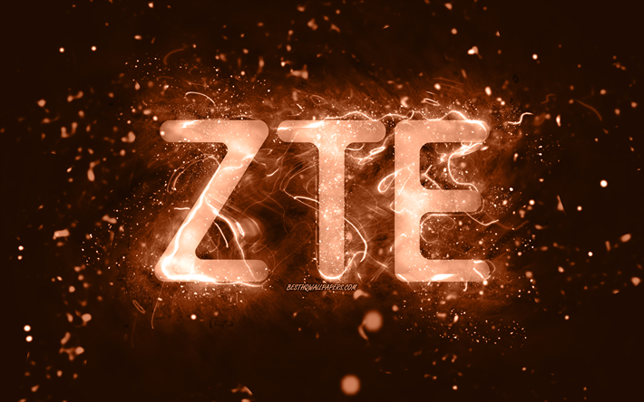 Logotipo marrom ZTE, 4k, luzes de n&#233;on marrom, criativo, fundo abstrato marrom, logotipo ZTE, marcas, ZTE
