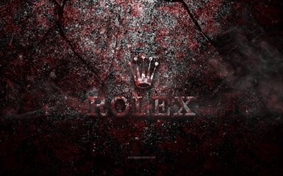 Rolex logo, grunge art, Rolex taş logo, kırmızı taş doku, Rolex, grunge taş doku, Rolex amblemi, Rolex 3d logo